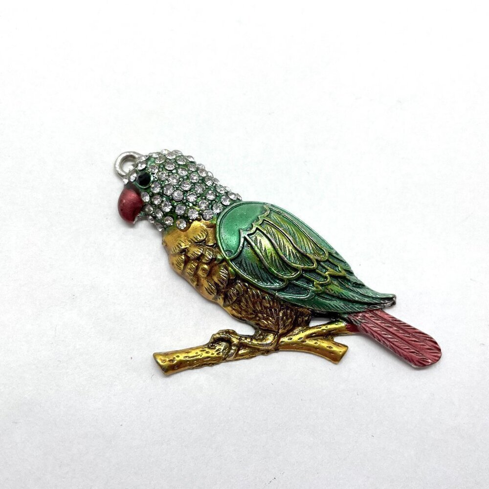 Colorful Parrot Pendant Bling Rhinestones Silver Tone Metal No Chain